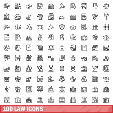 100 law icons set. Outline illustration of 100 law icons vector set isolated on white background clipart