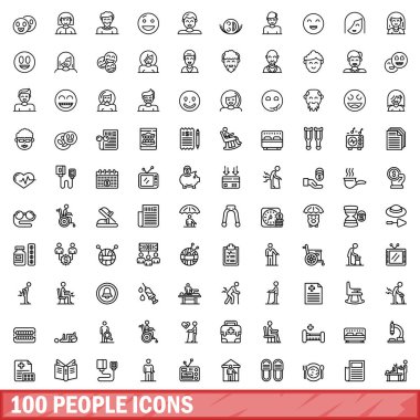 100 kişi simgesi oluşturuldu. Beyaz arkaplanda izole edilmiş 100 kişinin taslak çizimi