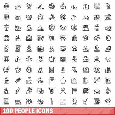 100 kişi simgesi oluşturuldu. Beyaz arkaplanda izole edilmiş 100 kişinin taslak çizimi
