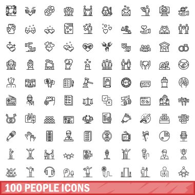 100 kişi simgesi oluşturuldu. Beyaz arkaplanda izole edilmiş 100 kişinin taslak çizimi