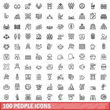 100 kişi simgesi oluşturuldu. Beyaz arkaplanda izole edilmiş 100 kişinin taslak çizimi