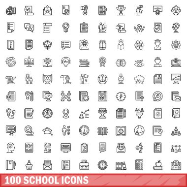 100 okul ikonu. Beyaz arkaplanda izole edilmiş 100 okul simgesi vektörünün ana hatları
