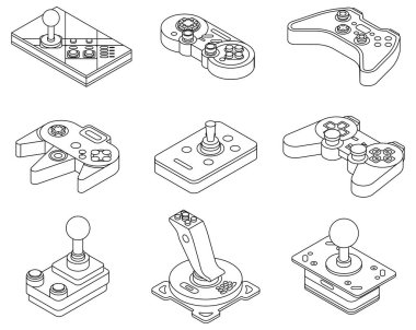 Joystick simgeleri ayarlandı. Isometric set of joystick vektör simgeleri beyaz arkaplanda izole edilmiş.