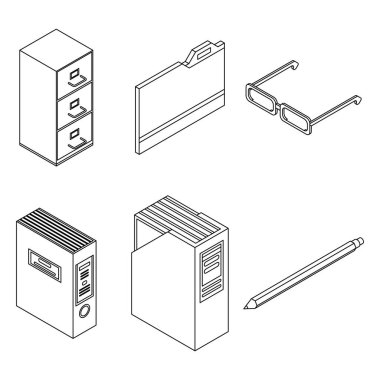 Arşiv simgeleri ayarlandı. Beyaz arkaplanda izole edilmiş Isometric arşiv vektör simgeleri dizisi
