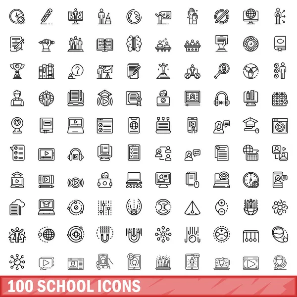 100 Школьных Икон Контурная Иллюстрация 100 Векторных Значков Школы Выделенных — стоковый вектор