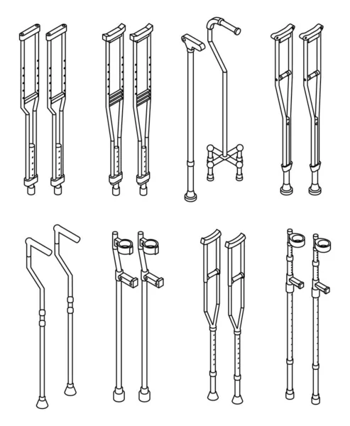 Crutches Ikon Set Isometrisk Uppsättning Kryckor Vektor Ikoner Kontur Isolerad — Stock vektor