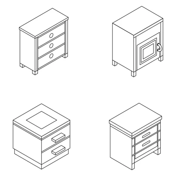 Nachttischmöbel Ikone Set Isometrische Reihe Von Nachttischmöbeln Vektor Symbole Umreißen — Stockvektor