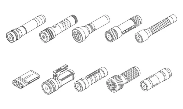 Taschenlampensymbole Gesetzt Isometrische Reihe Von Taschenlampenvektorsymbolen Umreißt Isoliert Auf Weißem — Stockvektor