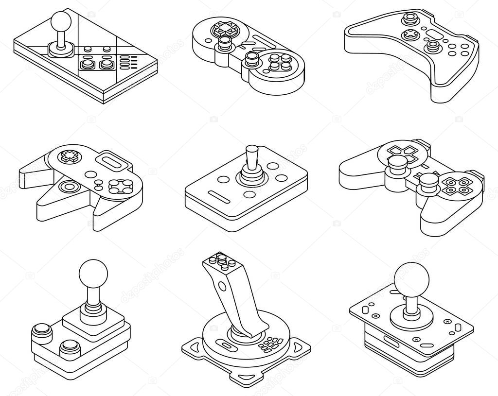 Joystick icons set. Isometric set of joystick vector icons outline isolated on white background