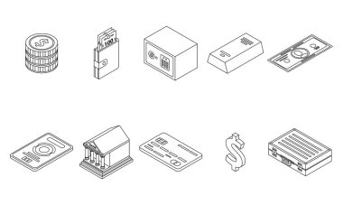 Banka metalleri simgeleri ayarlandı. Isometric set banka metalleri vektör simgeleri beyaz arkaplan izole çizgi