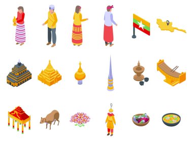 Myanmar simgeleri izometrik vektör ayarladı. Burma simgesi. Mimarlık tapınağı
