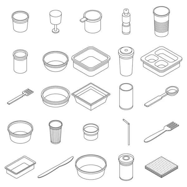 Ensemble Icônes Vaisselle Plastique Ensemble Isométrique Icônes Vectorielles Vaisselle Plastique — Image vectorielle