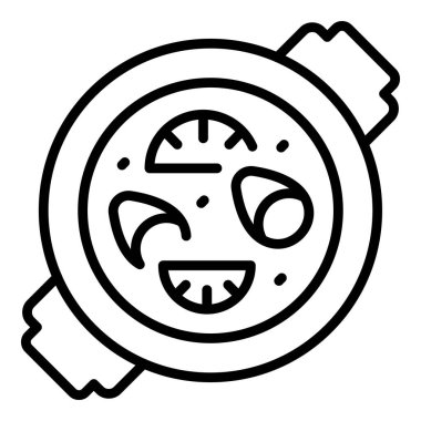 Üst görünüm paella ikonu ana hatları vektörü. Mutfak balığı. İspanyol yemeği