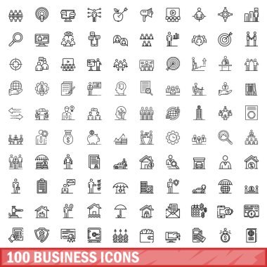100 iş simgesi hazır. Beyaz arkaplanda izole edilmiş 100 iş simgesi vektörünün taslağı