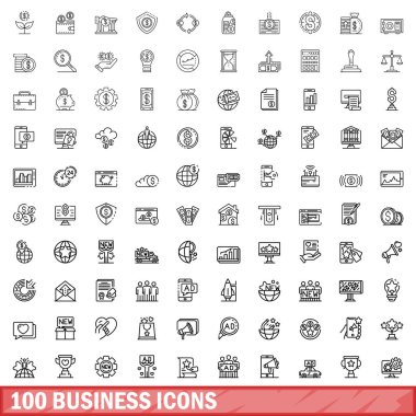 100 iş simgesi hazır. Beyaz arkaplanda izole edilmiş 100 iş simgesi vektörünün taslağı