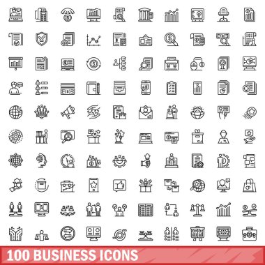 100 iş simgesi hazır. Beyaz arkaplanda izole edilmiş 100 iş simgesi vektörünün taslağı