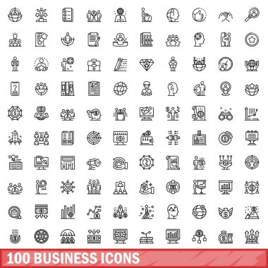 100 iş simgesi hazır. Beyaz arkaplanda izole edilmiş 100 iş simgesi vektörünün taslağı