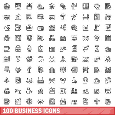 100 iş simgesi hazır. Beyaz arkaplanda izole edilmiş 100 iş simgesi vektörünün taslağı