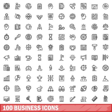 100 iş simgesi hazır. Beyaz arkaplanda izole edilmiş 100 iş simgesi vektörünün taslağı