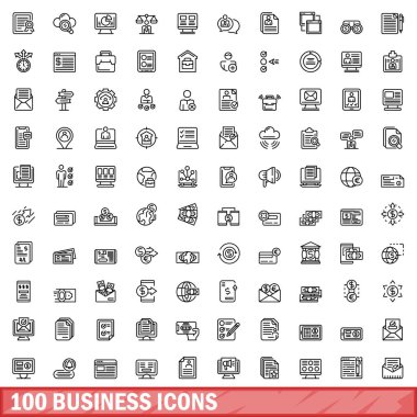 100 iş simgesi hazır. Beyaz arkaplanda izole edilmiş 100 iş simgesi vektörünün taslağı