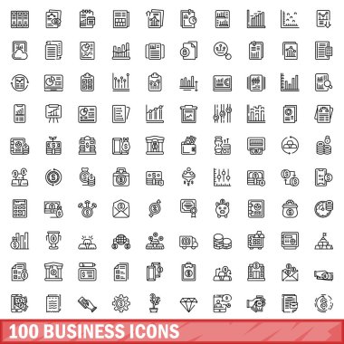 100 iş simgesi hazır. Beyaz arkaplanda izole edilmiş 100 iş simgesi vektörünün taslağı