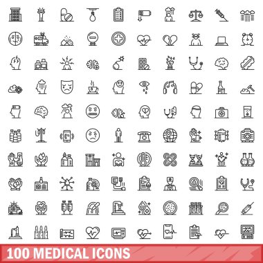 100 tıbbi ikon hazır. Beyaz arkaplanda izole edilmiş 100 tıbbi simge vektörünün taslağı