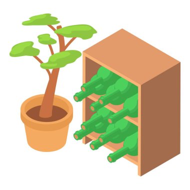 Kiler mobilya ikonu izometrik vektörü. Şarap rafında şarap şişesi, saksı çiçeği. Şarap mahzeni, restoran bodrumu, şarap yapımı.