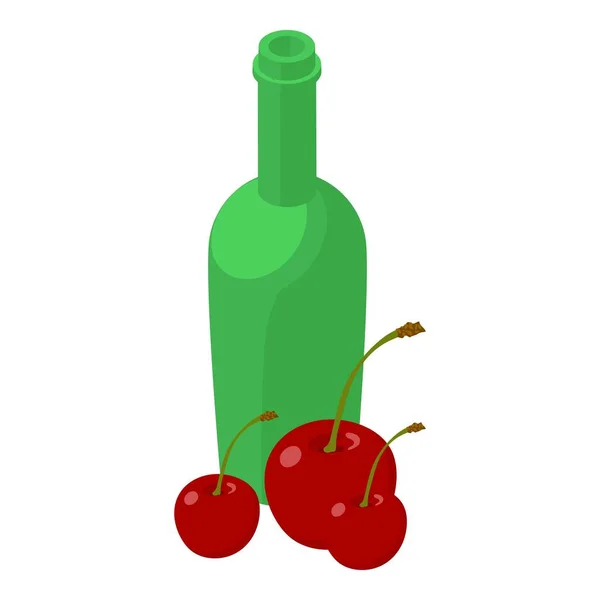 樱桃喝图标等量向量 明亮成熟的樱桃 绿色玻璃瓶图标 天然配料 浆果药水 — 图库矢量图片