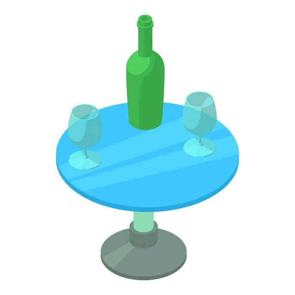 カフェ家具アイコン等角ベクトル 丸いテーブルの上にワインボトルとワイングラス 一本足テーブル モダンなインテリア — ストックベクタ