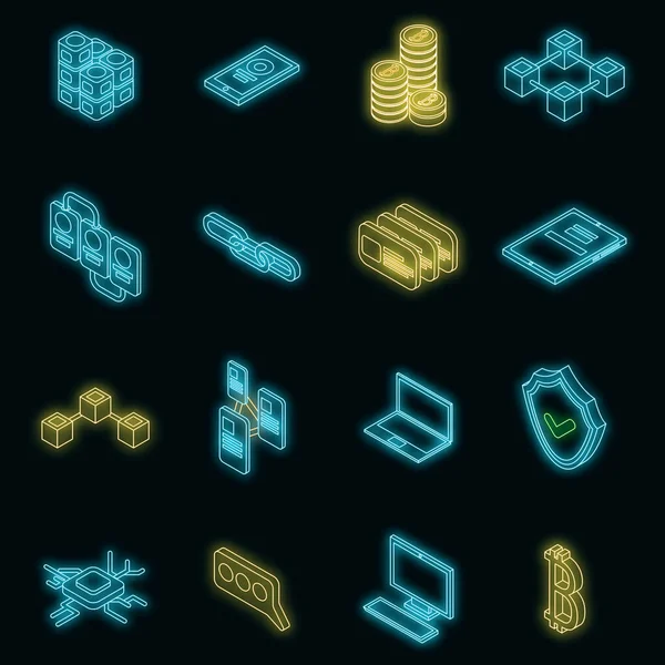 Blockchain Simgesi Ayarlandı Isometric Set Blockchain Vektör Simgeleri Neon Siyah — Stok Vektör