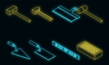 Masonluk işçi simgeleri ayarlandı. Isometric set of masonluk işçi vektör simgeleri neon siyah