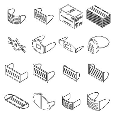 Tıbbi maske simgeleri ayarlandı. Isometric set tıbbi maske vektör simgeleri beyaz izole üzerinde ince çizgi ana hatları