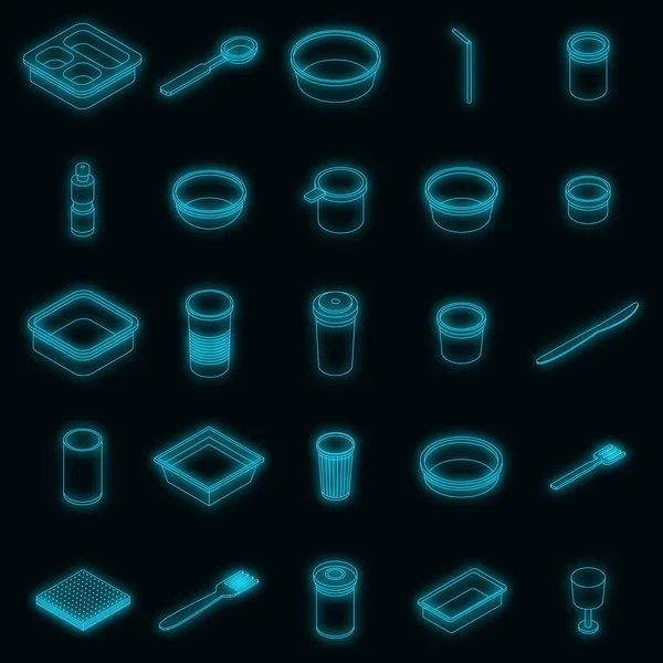 塑料餐具图标设置 Isometric Set Plastic Tableware Vector Icons Neon Black — 图库矢量图片