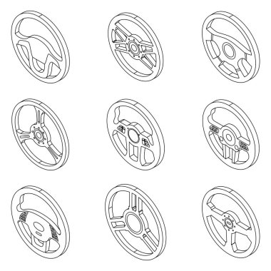 Direksiyon simgeleri ayarlandı. Beyaz izole edilmiş üzerinde ince çizgi ana hatları Isometric direksiyon vektör simgeleri kümesi