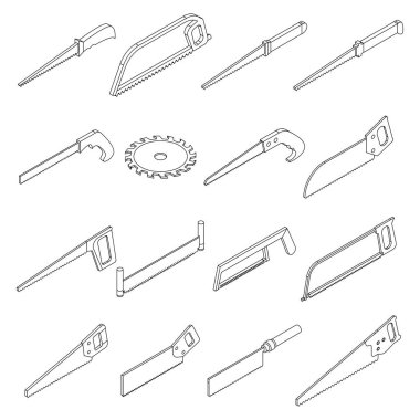 Testere simgeleri ayarlandı. İzole edilmiş beyaz üzerinde ince çizgi çizgileri Isometric set of saw vektör simgeleri