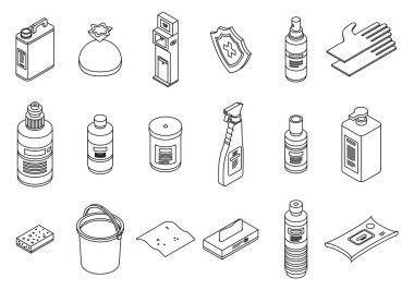 Dezenfeksiyon simgeleri ayarlandı. İznik dezenfeksiyon vektörü ikonları beyaz izole edilmiş ince çizgi ana hatları