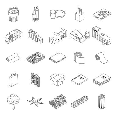 Kağıt üretim ikonları ayarlandı. Isometric set kağıt üretim vektör simgeleri beyaz izole çizgi ana hatları ince