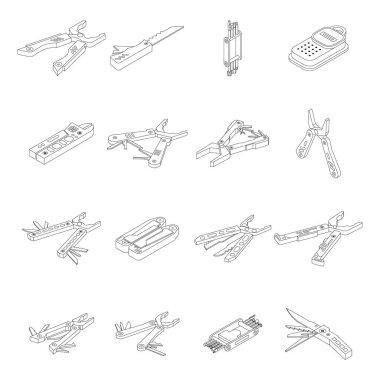 Çoklu araç simgeleri ayarlandı. Beyaz izole edilmiş üzerinde ince çizgi ana hatları Isometric çoklu araç vektör simgeleri kümesi