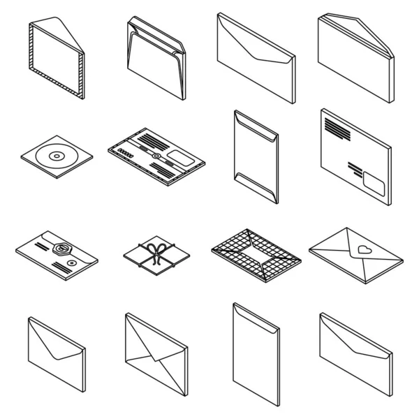 Ensemble Icônes Enveloppe Ensemble Isométrique Icônes Vectorielles Enveloppe Contour Fin — Image vectorielle