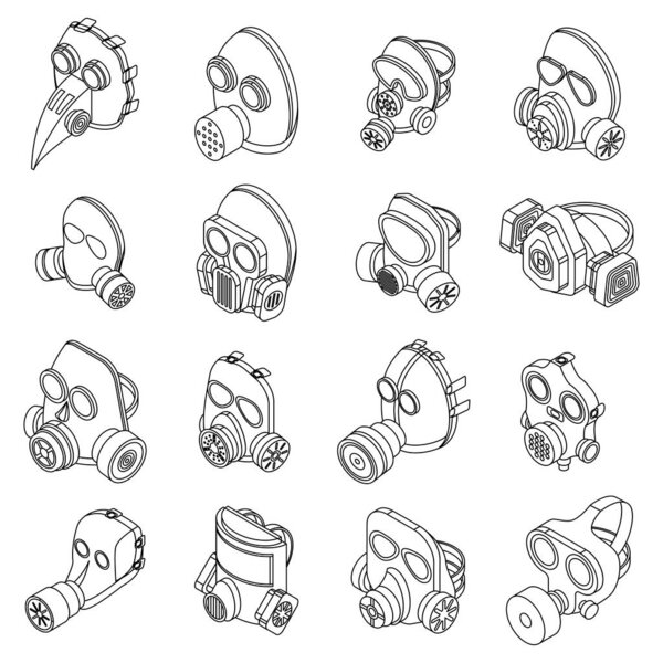 Gas mask icons set. Isometric set of gas mask vector icons thin line outline on white isolated