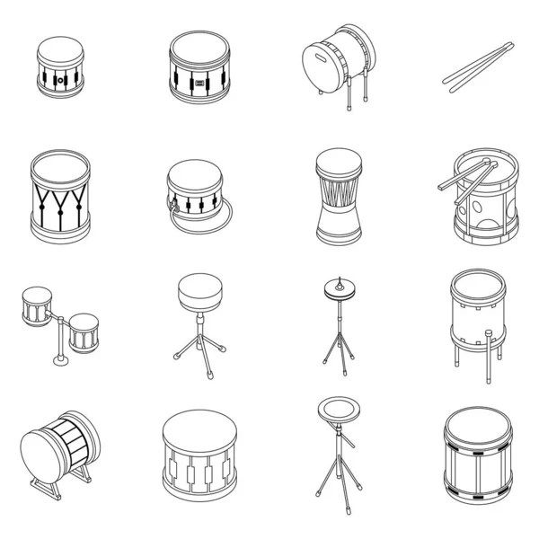 Bubny Nastaveny Izometrická Sada Bicích Vektorových Ikon Tenký Obrys Bílém — Stockový vektor