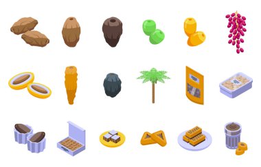 Tarih meyve simgeleri izometrik vektör belirledi. Yemek yaprağı. Kurumuş dal