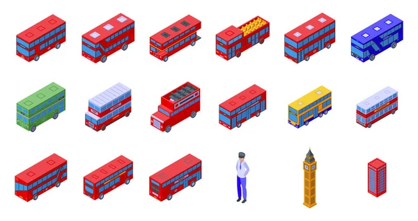 Icônes Bus Londres Ensemble Vecteur Isométrique Decker Double Transport Véhicules — Image vectorielle