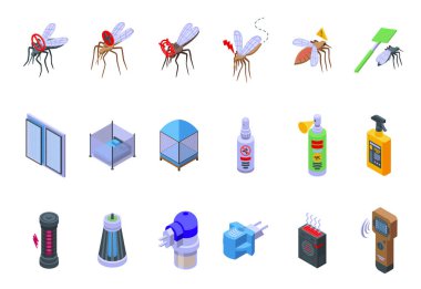 Sivrisinek koruyucu ikonlar izometrik vektör oluşturdu. Aerosol ısırığı. Böcek kovucu