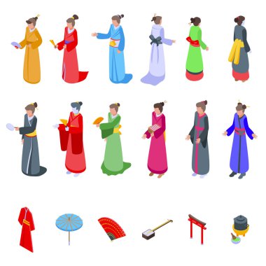 Geyşa simgeleri izometrik vektör belirledi. Japon kız. Kimono Japonya