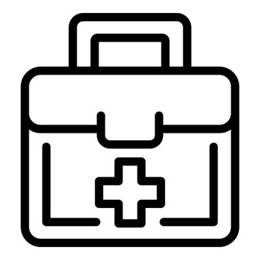 İlk yardım çantasının ikon ana hatları vektörü. Göçmen insanlar. Mülteci savaşı