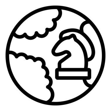 Küresel satranç ikonu ana hatları vektörü. Çevrimiçi oyun. Bilgisayar bahsi