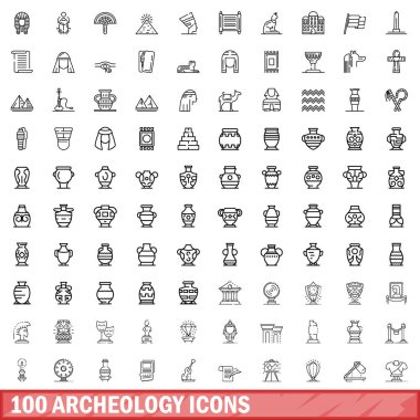 100 arkeoloji simgesi ayarlandı. Beyaz arkaplanda izole edilmiş 100 arkeoloji simgesi vektörünün taslak çizimi