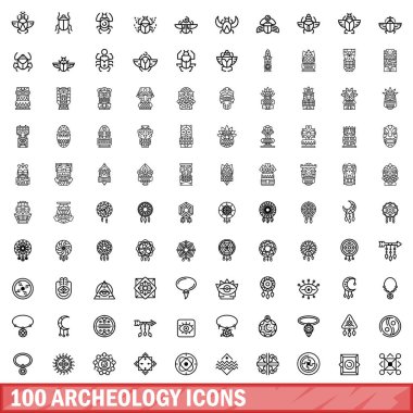 100 arkeoloji simgesi ayarlandı. Beyaz arkaplanda izole edilmiş 100 arkeoloji simgesi vektörünün taslak çizimi
