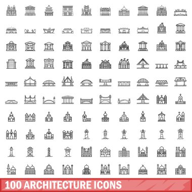 100 mimari simgesi belirlendi. Beyaz arkaplanda izole edilmiş 100 mimari simge vektörünün taslağı